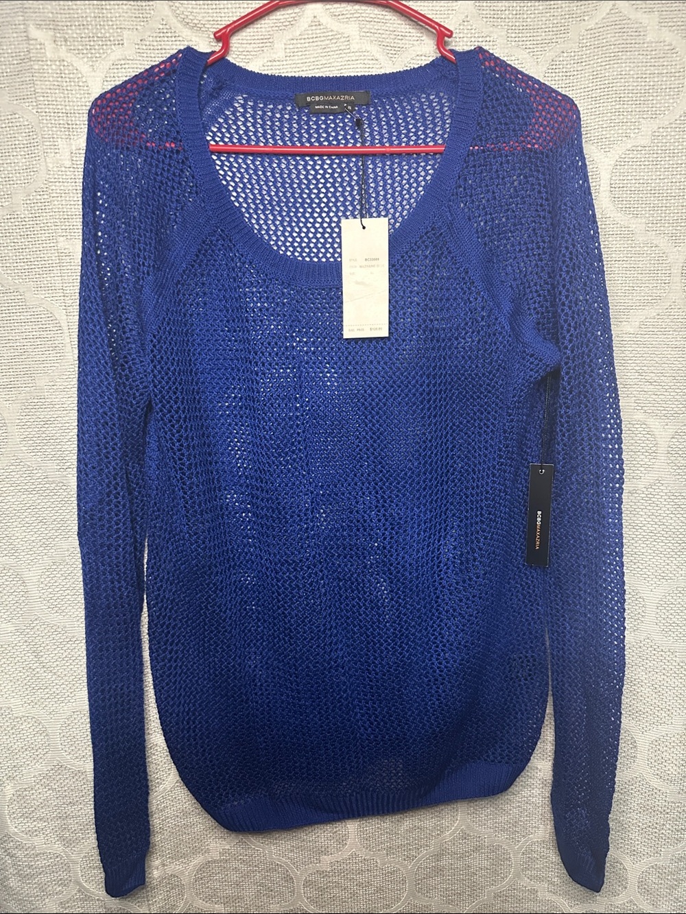 BCBGeneration Women XL Cobalt Royal Blue Open Fishnet Knit Sweater Top NWT